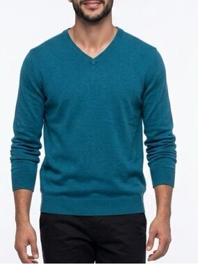Lands' End Men's V-Neck Pullover‎ Sweater Teal Size L Lightweight